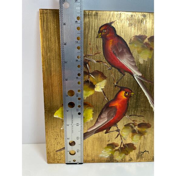 MCM Hand Painted Birds on Gold Leaf Background Original Acrylic VTG 10x7.75" - Picture 4 of 6